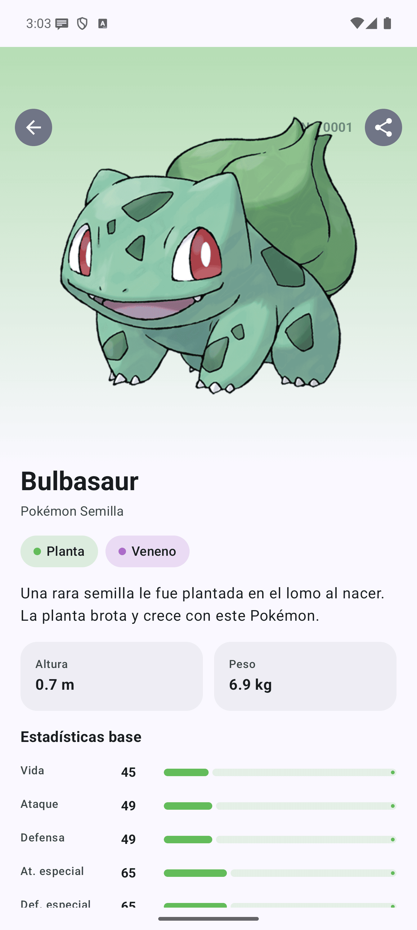 La ficha de Bulbasaur en Android