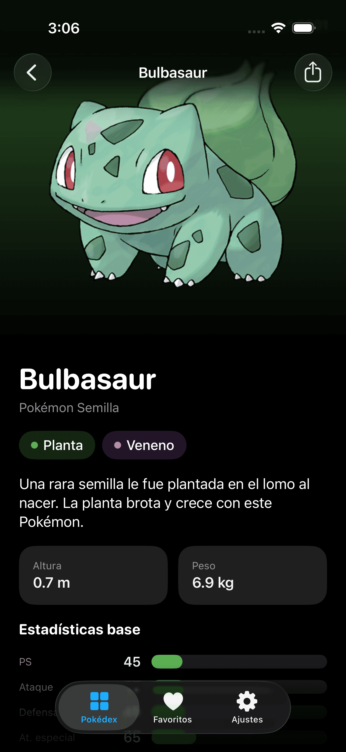 La ficha de Bulbasaur en iOS